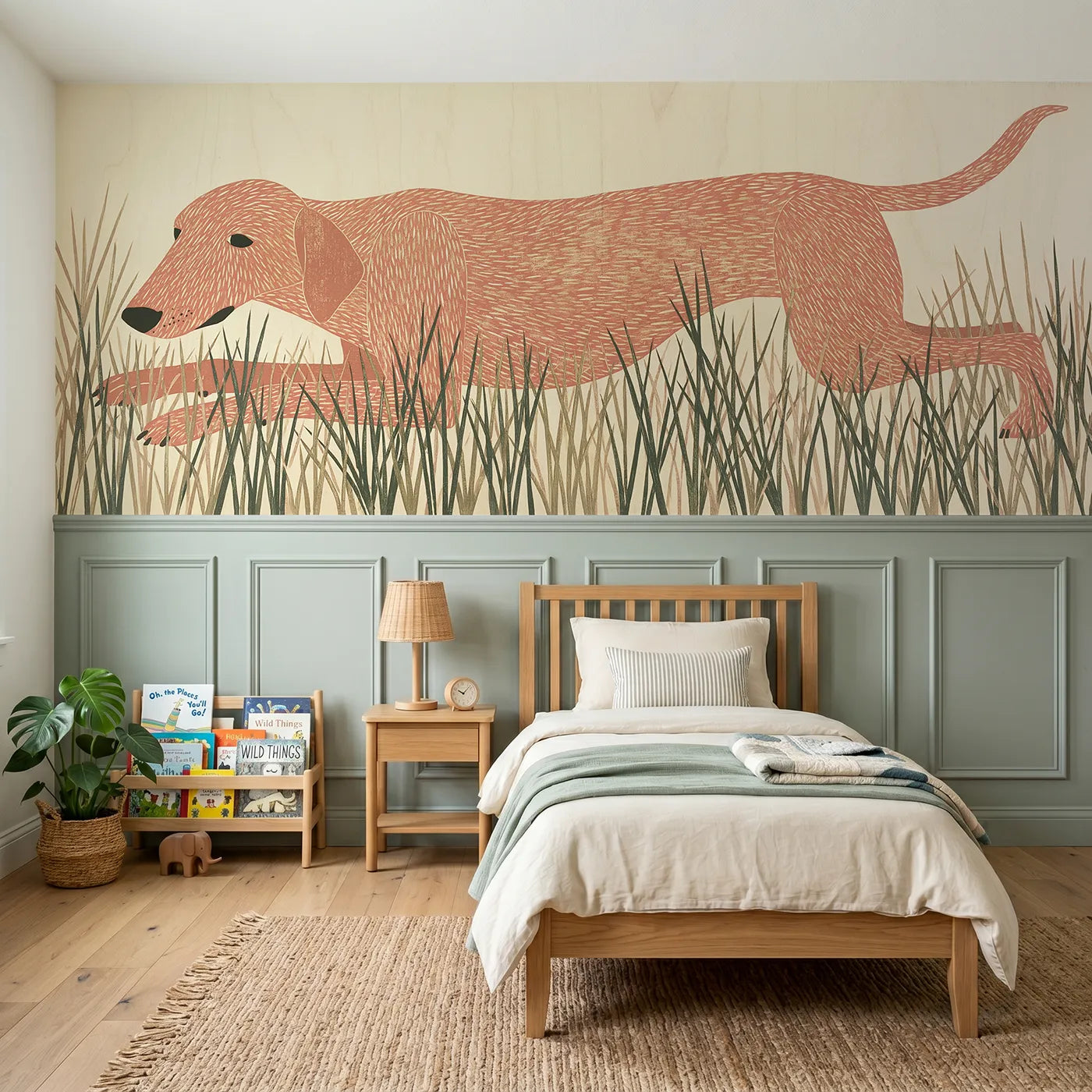 Block print wainscoting wallpaper of a carved dog in a play bow by Whimsy Tots