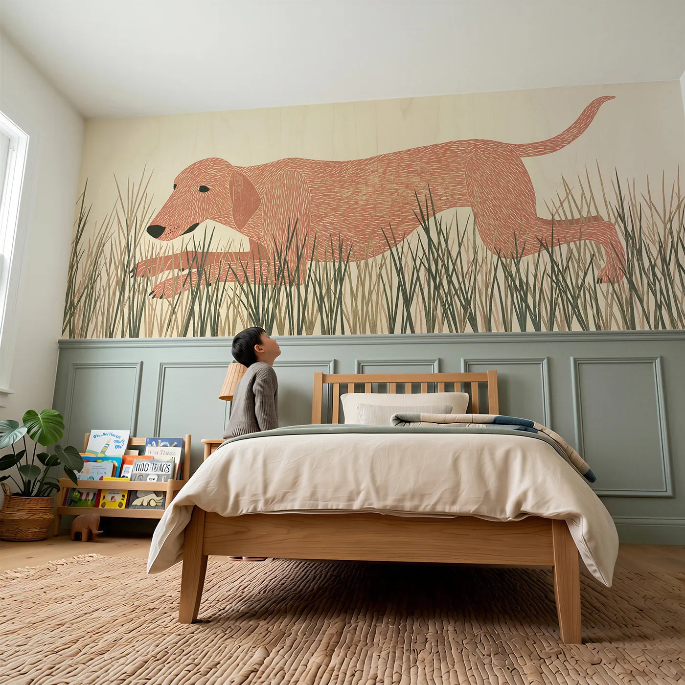 Child reading near Carved Dog Play Bow Wainscoting Wallpaper by Whimsy Tots