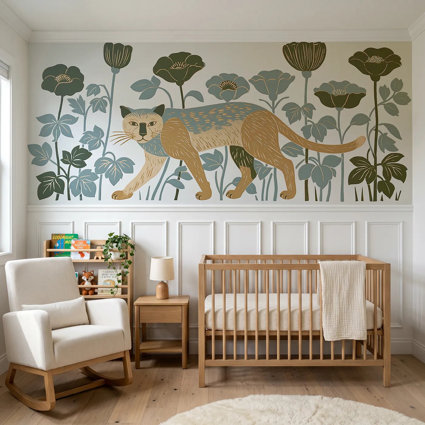 Block print wainscoting wallpaper of a carved cat prowling flowers by Whimsy Tots