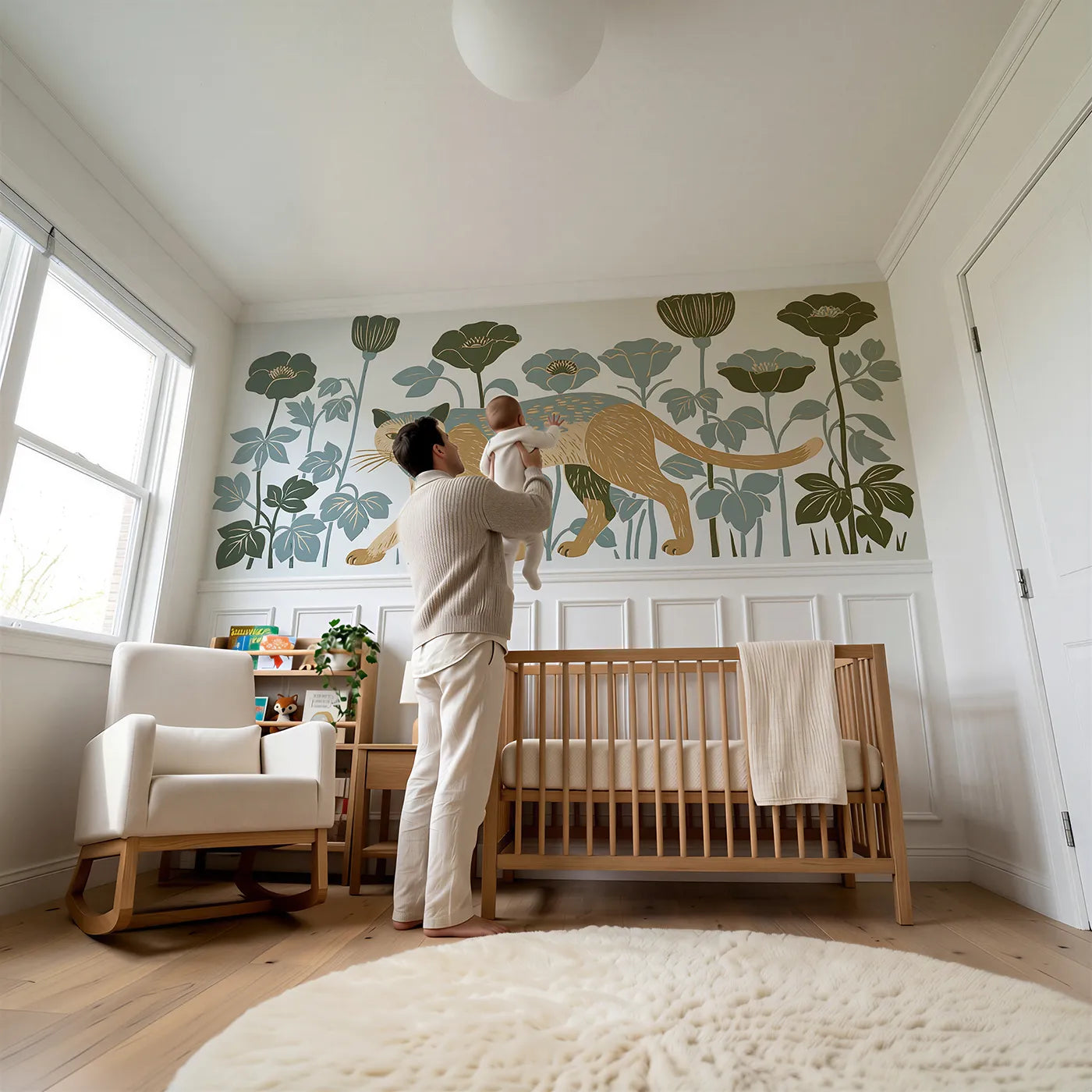 Child reading near Carved Cat Garden Prowl Wainscoting Wallpaper by Whimsy Tots