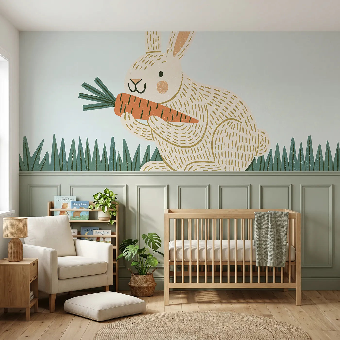 Block print wainscoting wallpaper of a carved bunny eating a carrot by Whimsy Tots