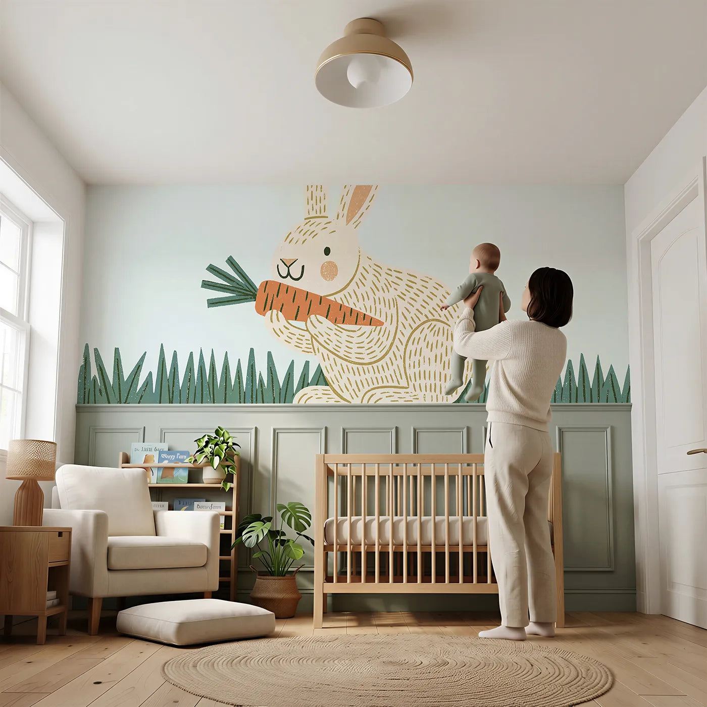 Child reading near Carved Bunny Carrot Crunch Wainscoting Wallpaper by Whimsy Tots