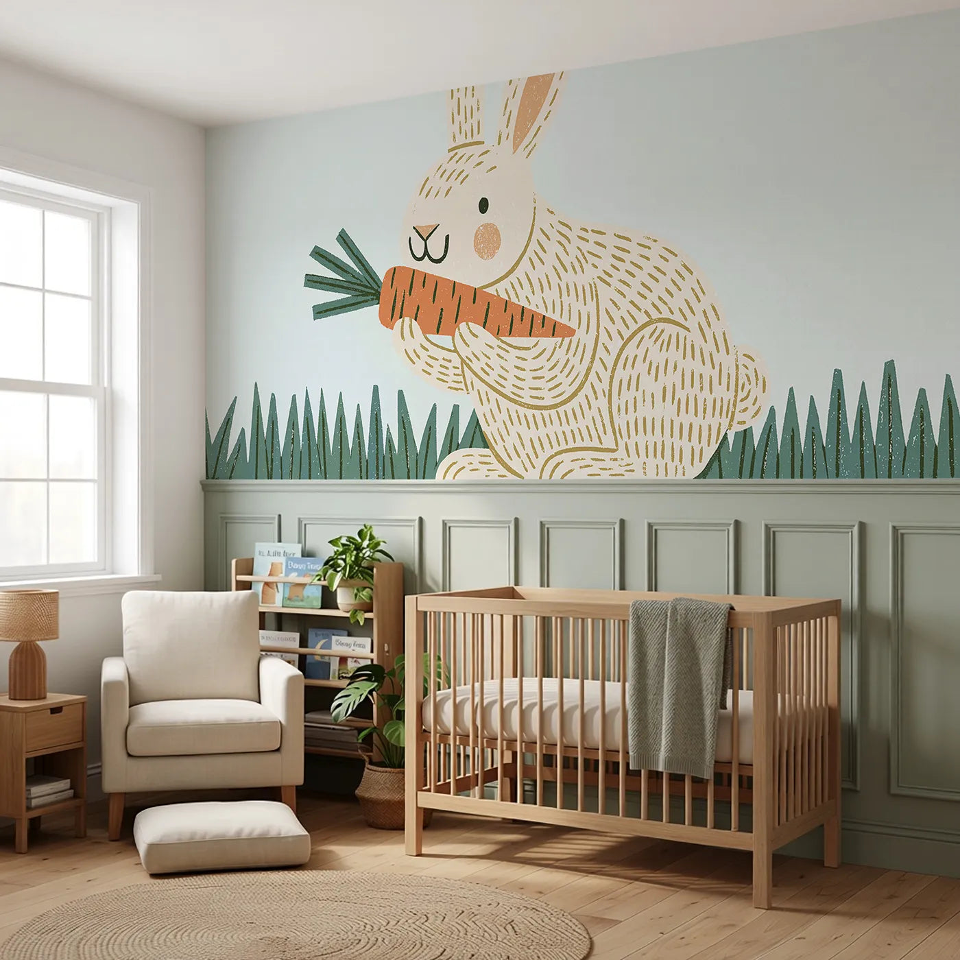 Carved Bunny Carrot Crunch Wainscoting Wallpaper styled in a kids room by Whimsy Tots
