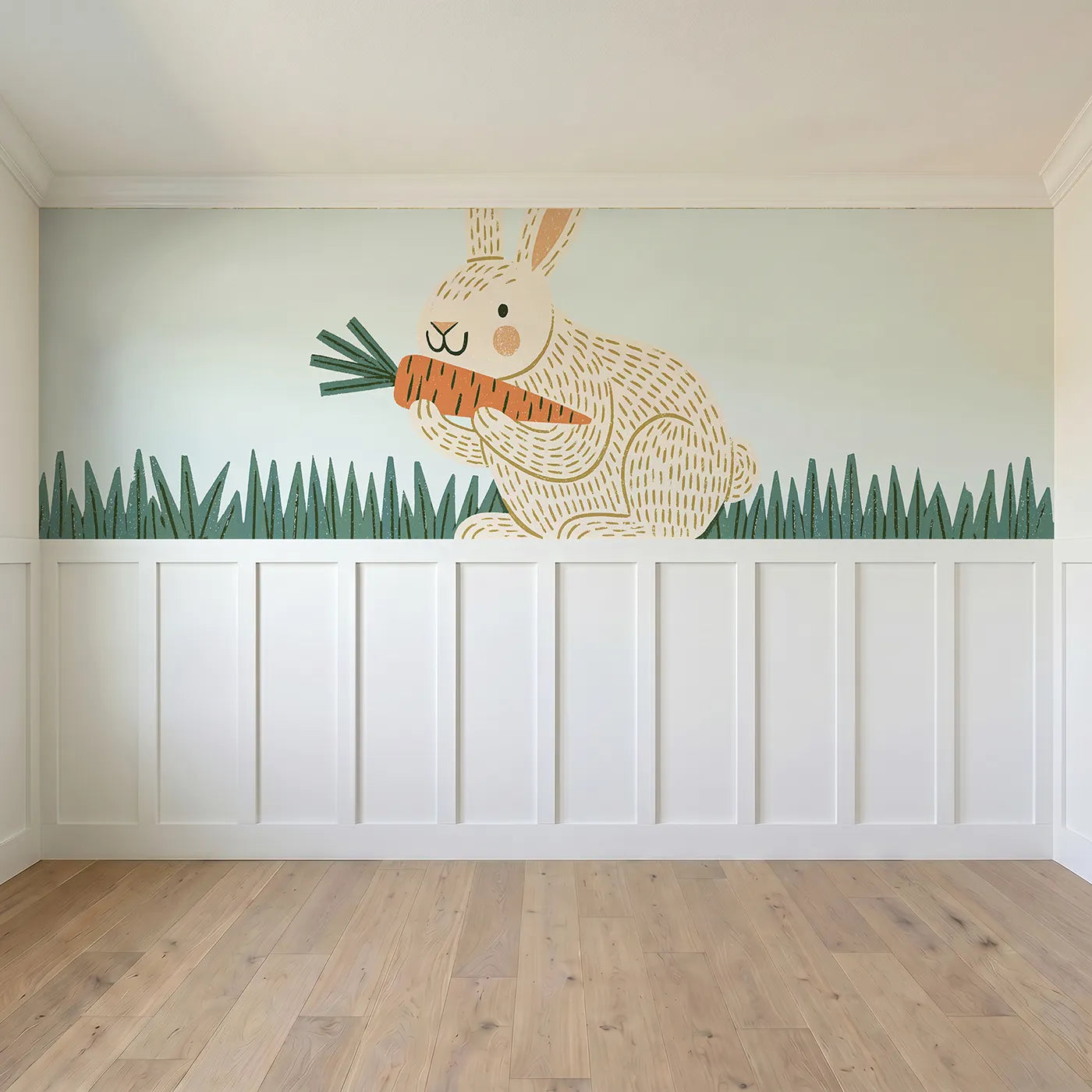 Full panel view of Carved Bunny Carrot Crunch Wainscoting Wallpaper by Whimsy Tots