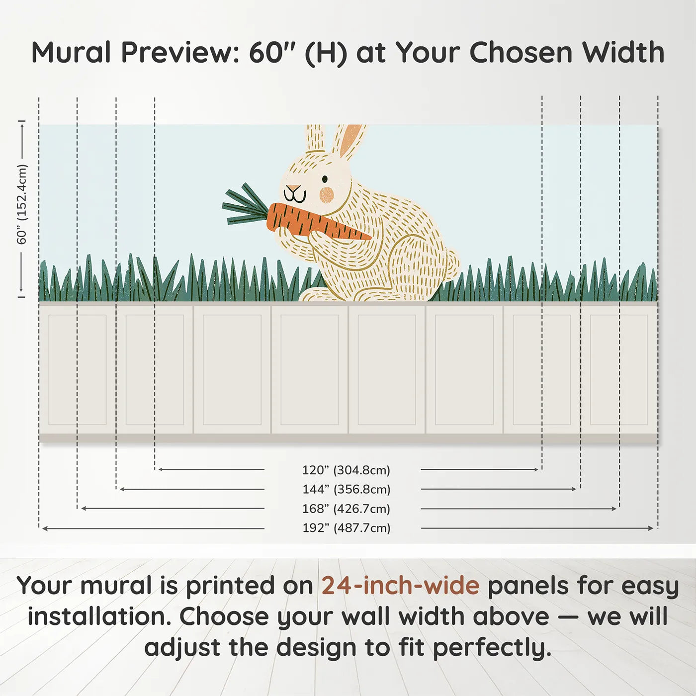 Panel dimensions for Carved Bunny Carrot Crunch Wainscoting Wallpaper by Whimsy Tots