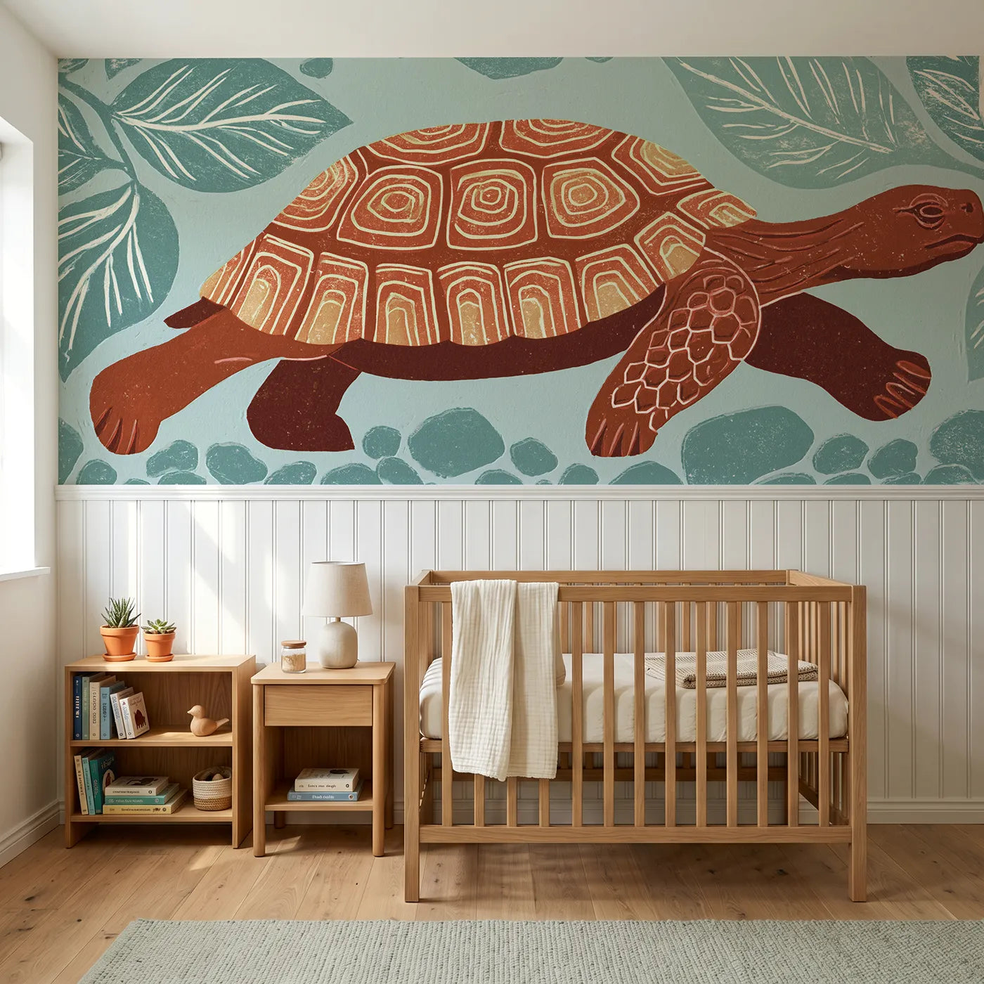 Block print wainscoting wallpaper of a carved tortoise walking steadily by Whimsy Tots
