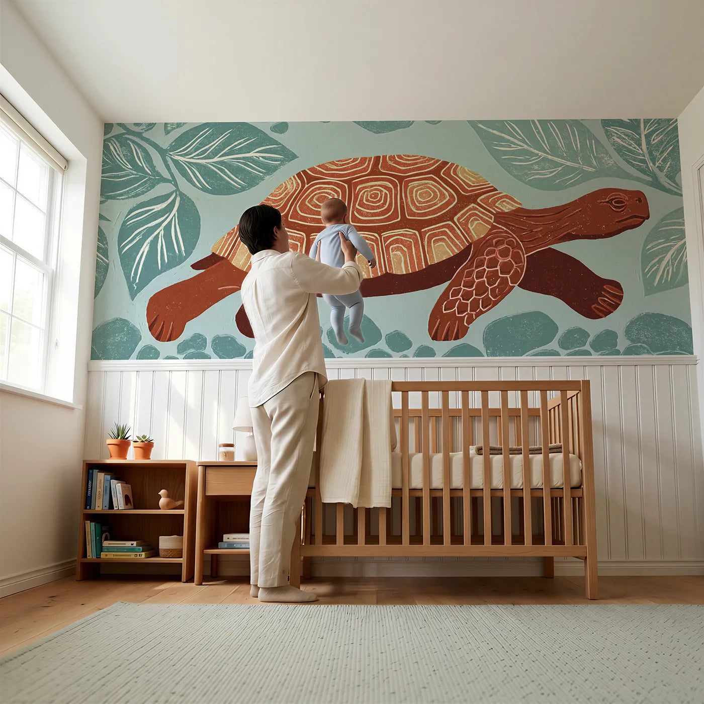 Child reading near Carved Tortoise Steady Walk Wainscoting Wallpaper by Whimsy Tots