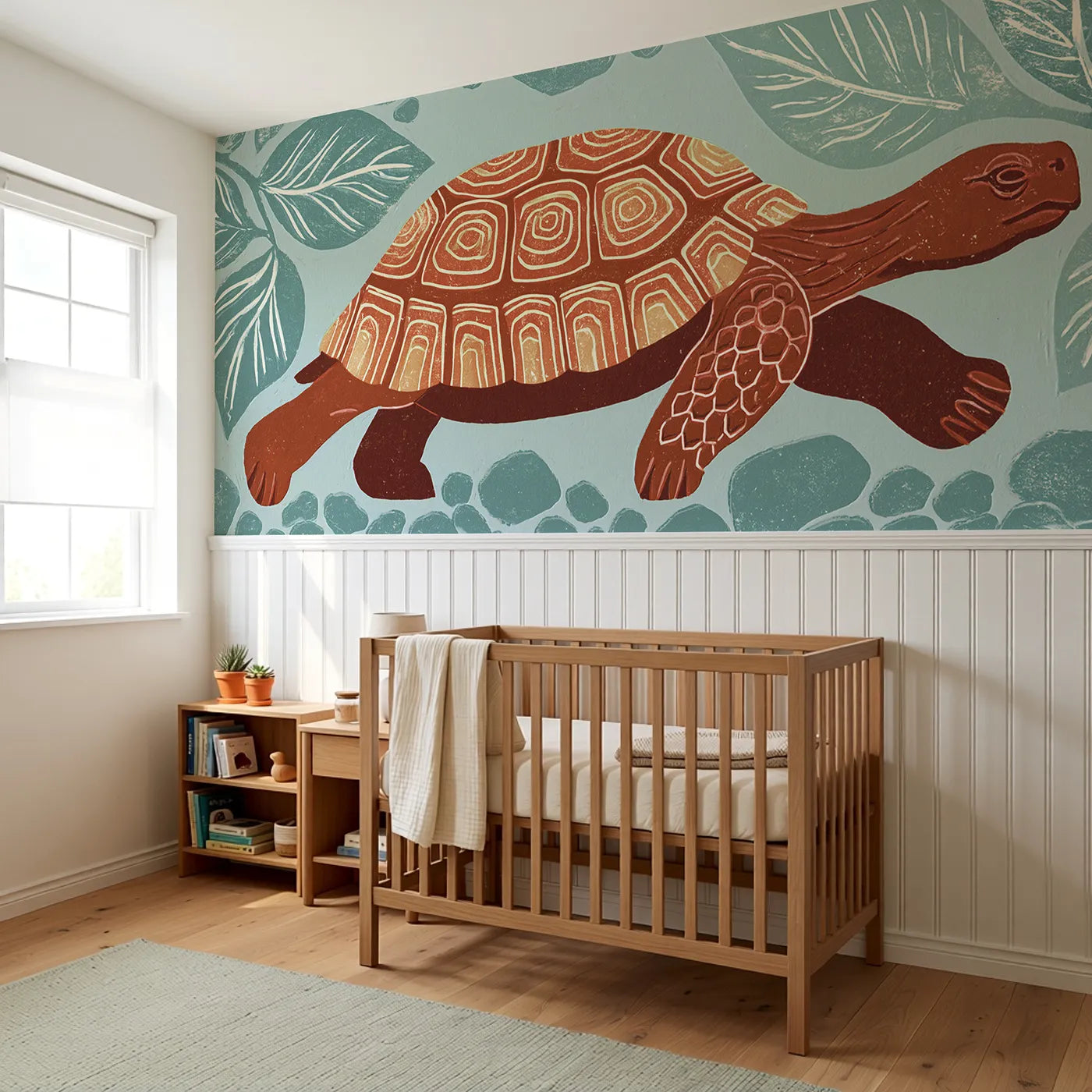 Carved Tortoise Steady Walk Wainscoting Wallpaper styled in a kids room by Whimsy Tots