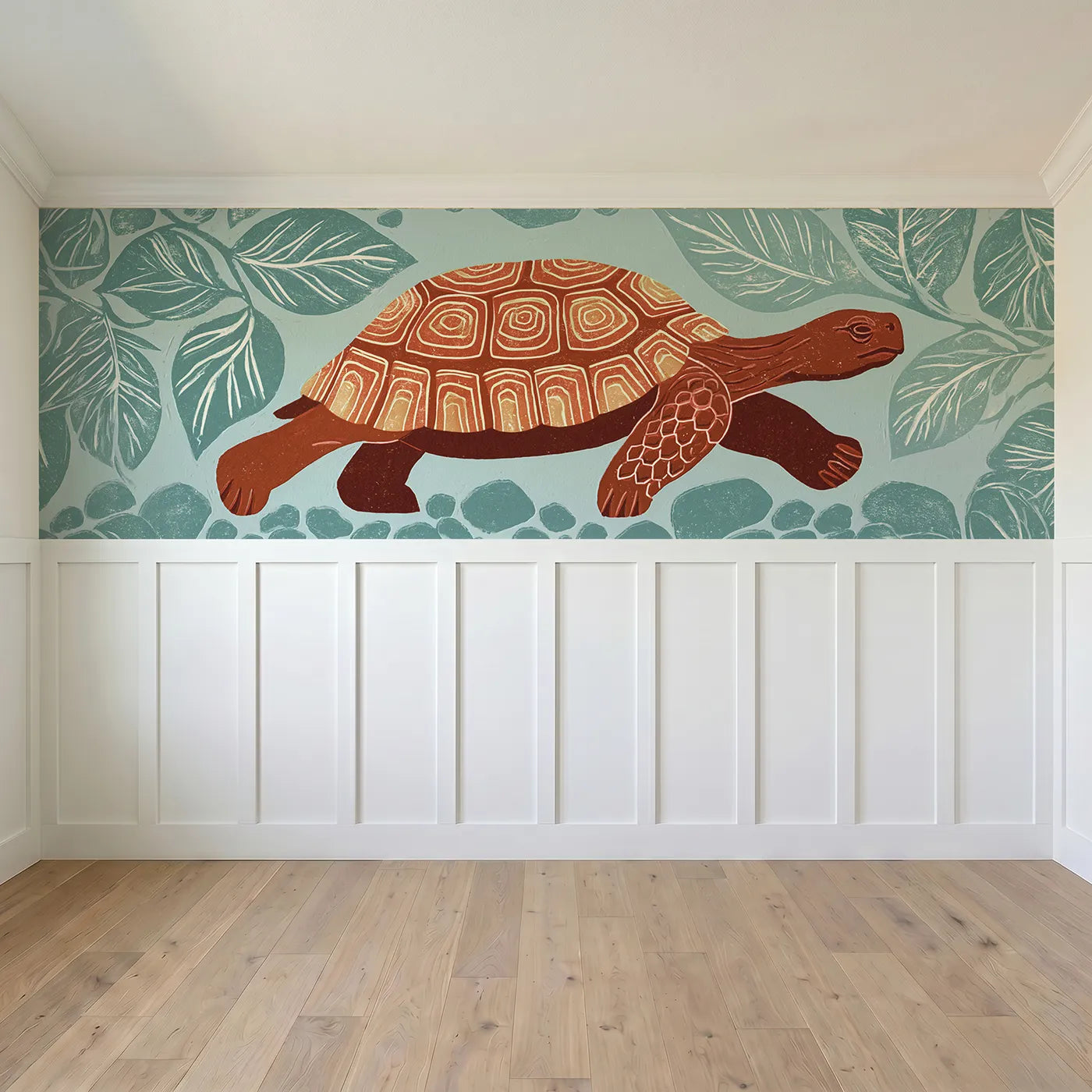 Full panel view of Carved Tortoise Steady Walk Wainscoting Wallpaper by Whimsy Tots