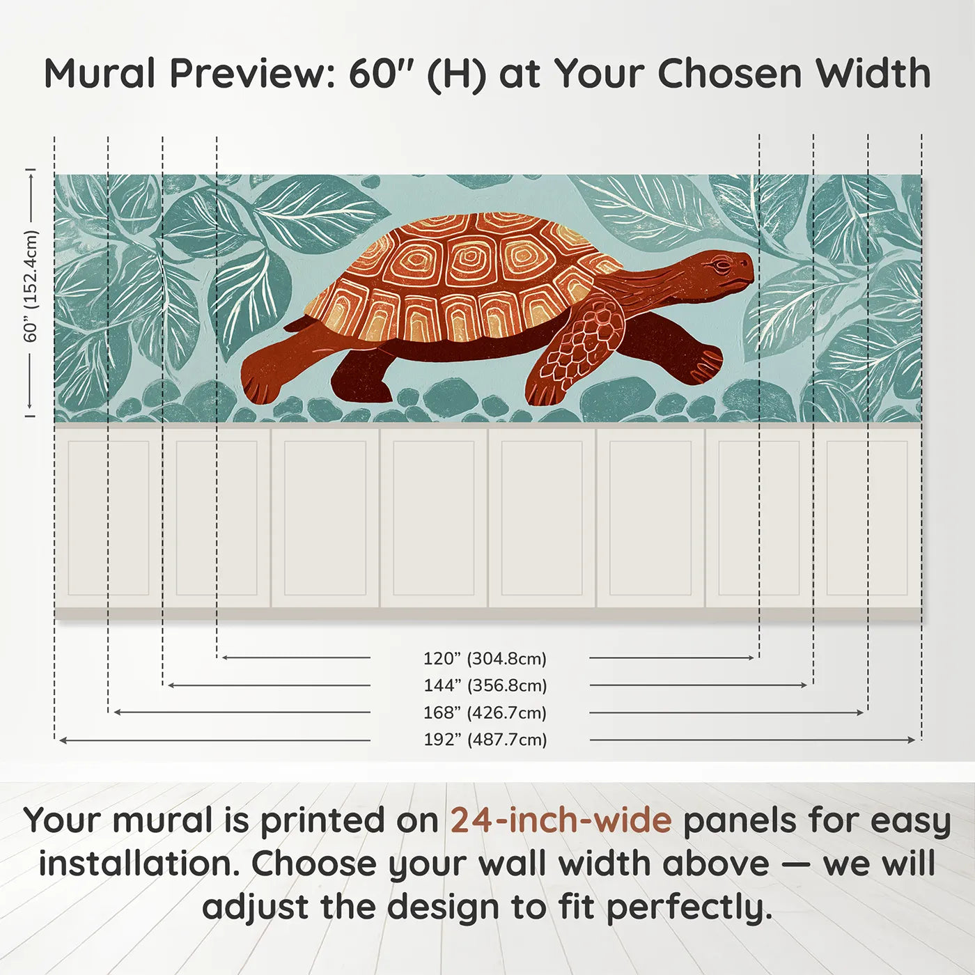 Panel dimensions for Carved Tortoise Steady Walk Wainscoting Wallpaper by Whimsy Tots