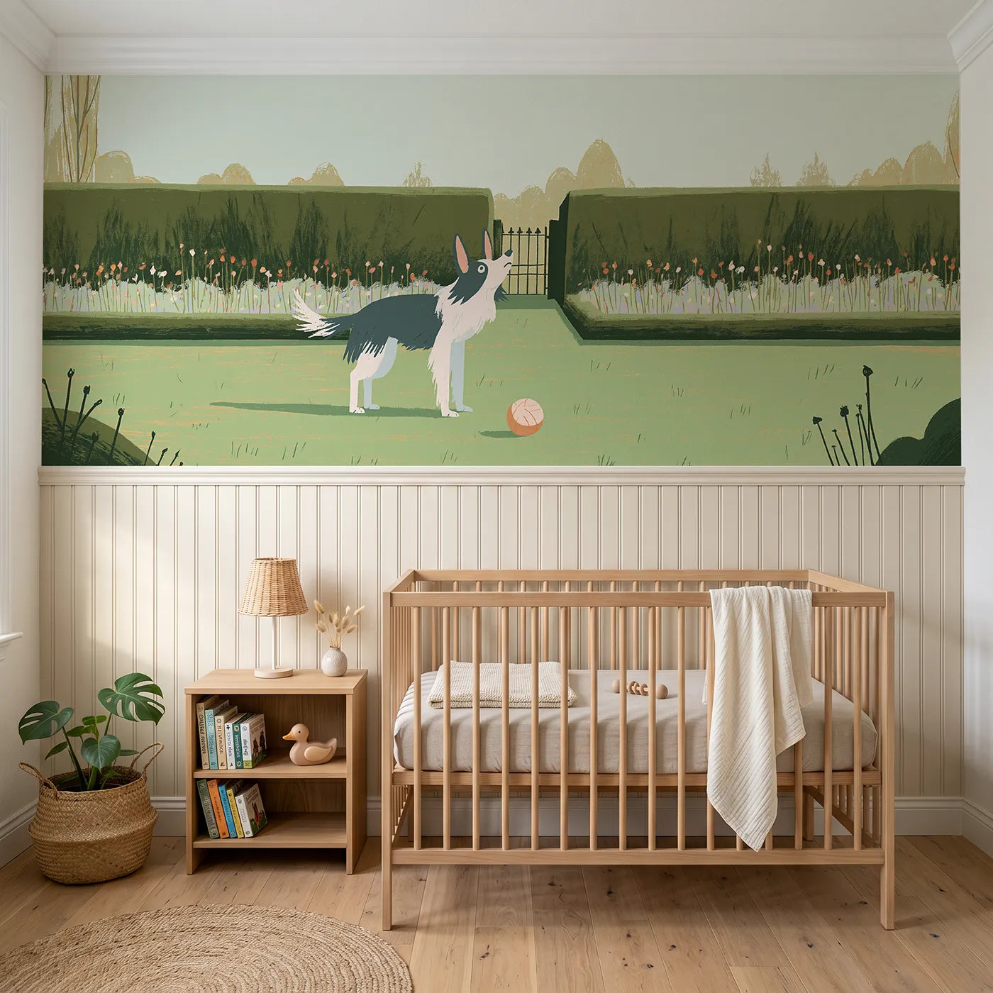 Modern illustration wainscoting wallpaper of a dog hoping over a ball by Whimsy Tots