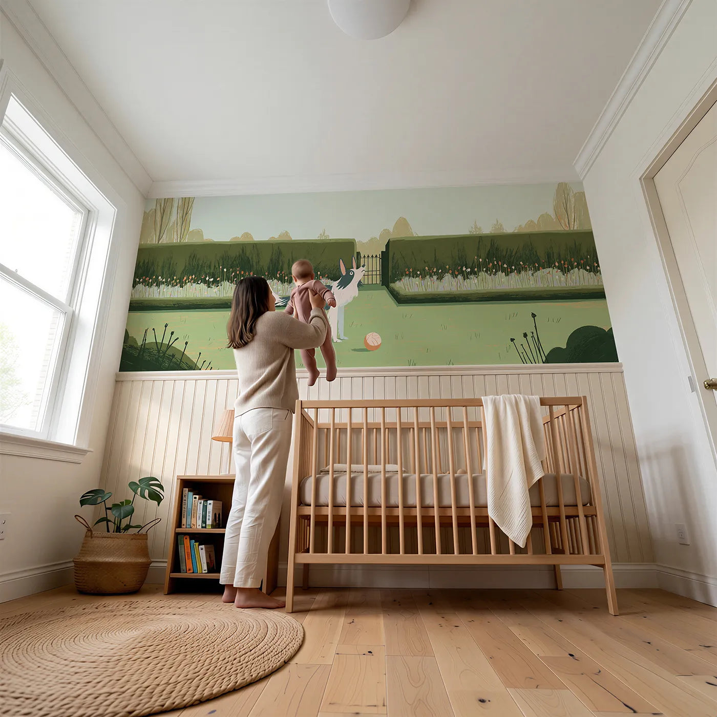 Child reading near Painted Dog Ball Drop Hope Wainscoting Wallpaper by Whimsy Tots