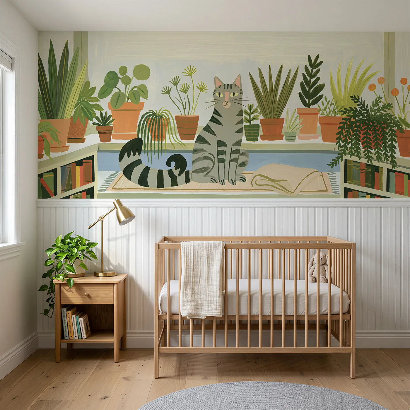 Modern illustration wainscoting wallpaper of a proper striped painted cat by Whimsy Tots