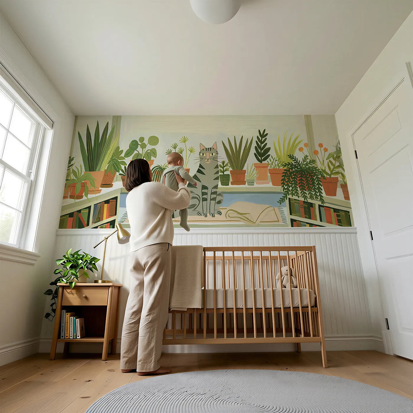 Child reading near Painted Cat Tall Sit Stripes Wainscoting Wallpaper by Whimsy Tots