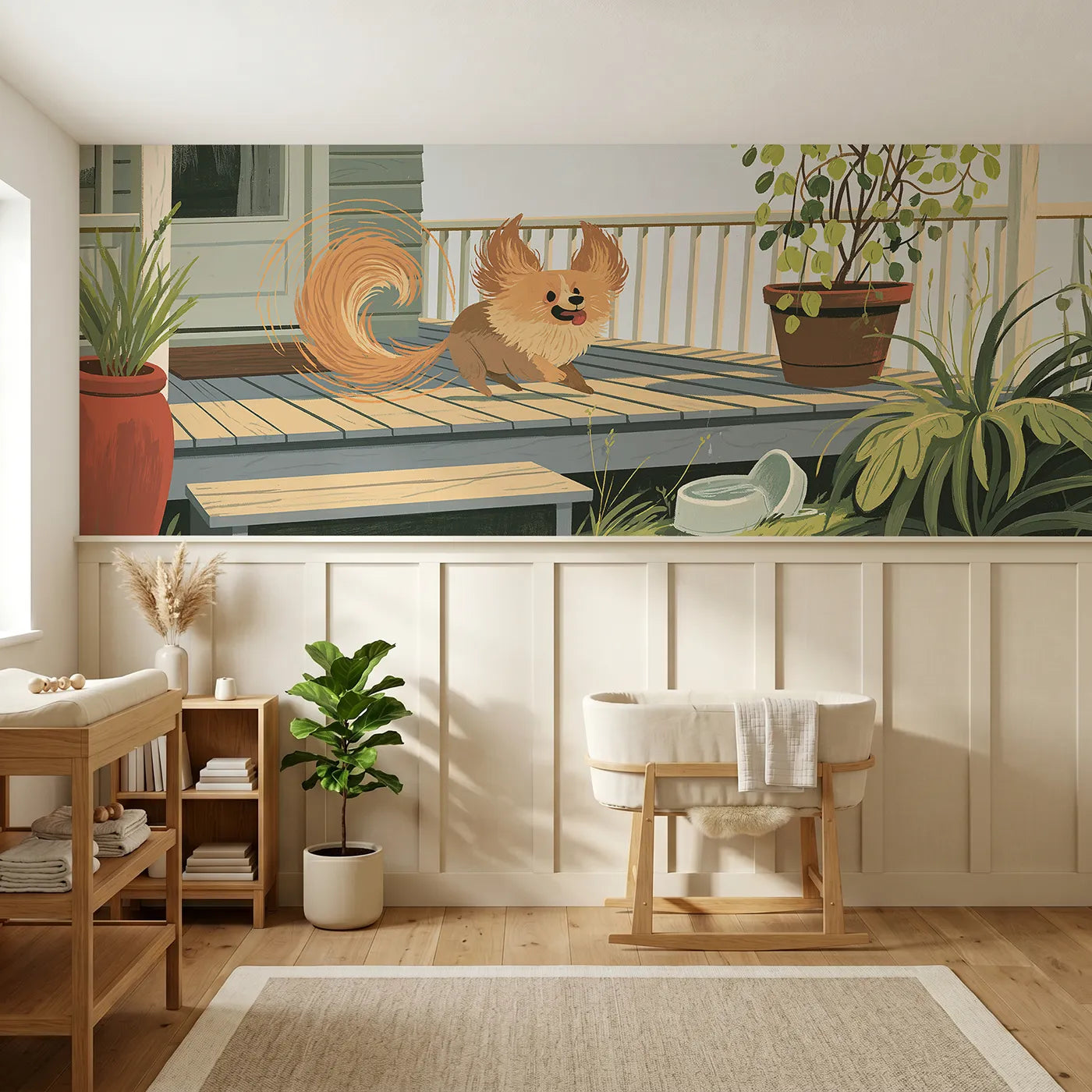 Modern illustration wainscoting wallpaper of a puppy chasing its tail by Whimsy Tots