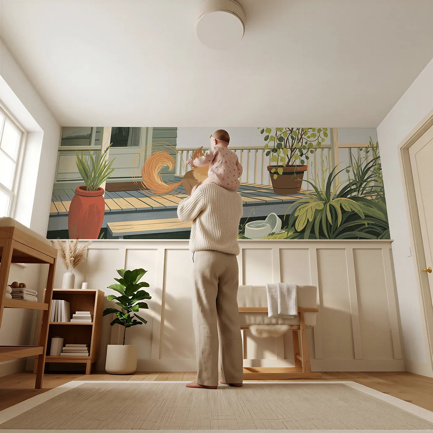 Child reading near Painted Puppy Tail Chase Circle Wainscoting Wallpaper by Whimsy Tots