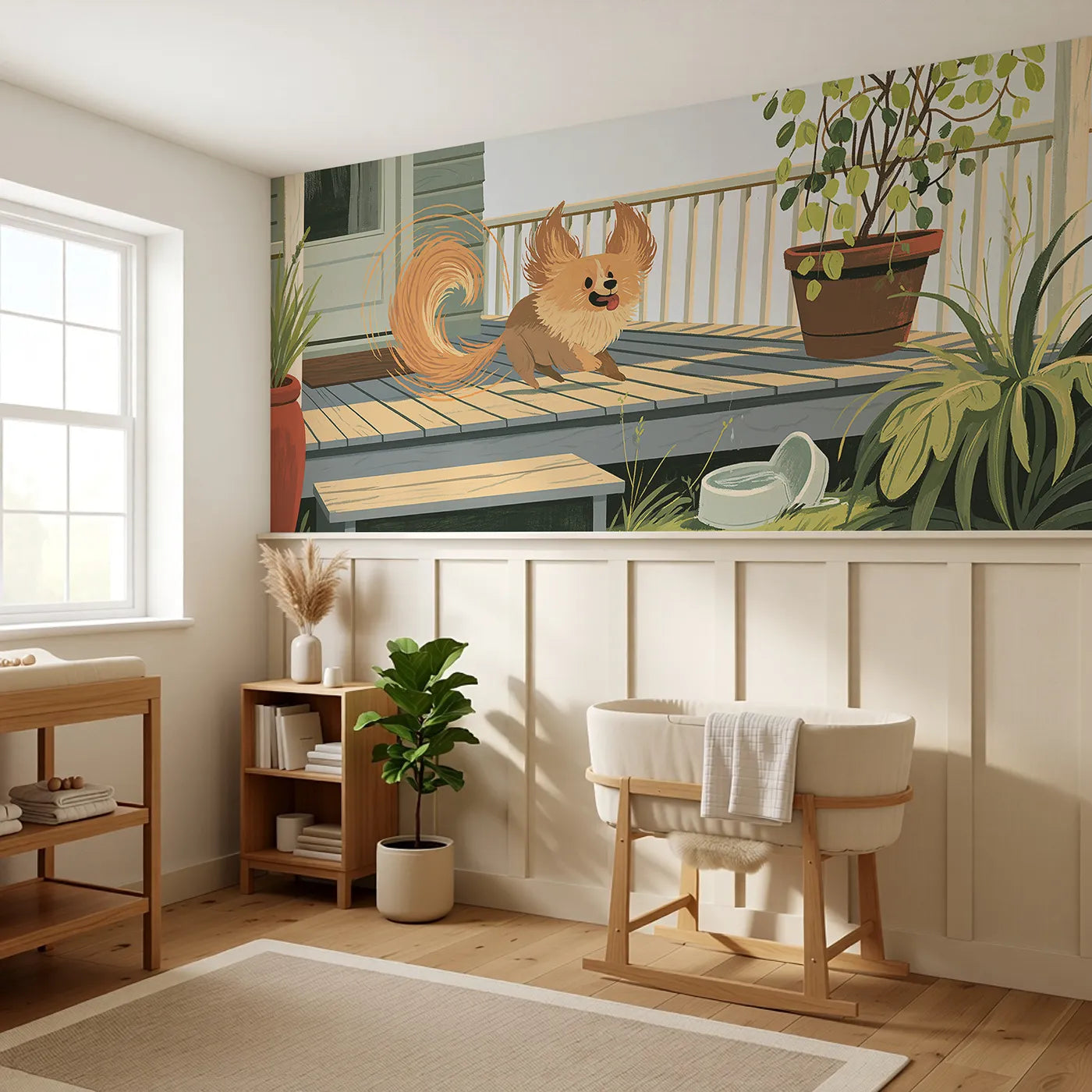 Painted Puppy Tail Chase Circle Wainscoting Wallpaper styled in a kids room by Whimsy Tots