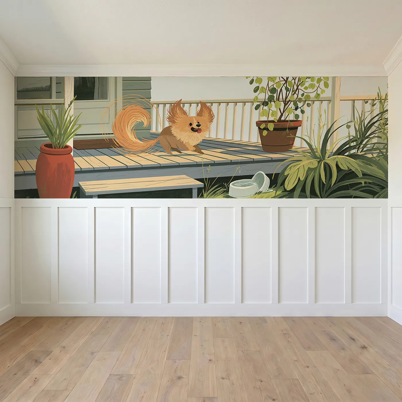 Full panel view of Painted Puppy Tail Chase Circle Wainscoting Wallpaper by Whimsy Tots