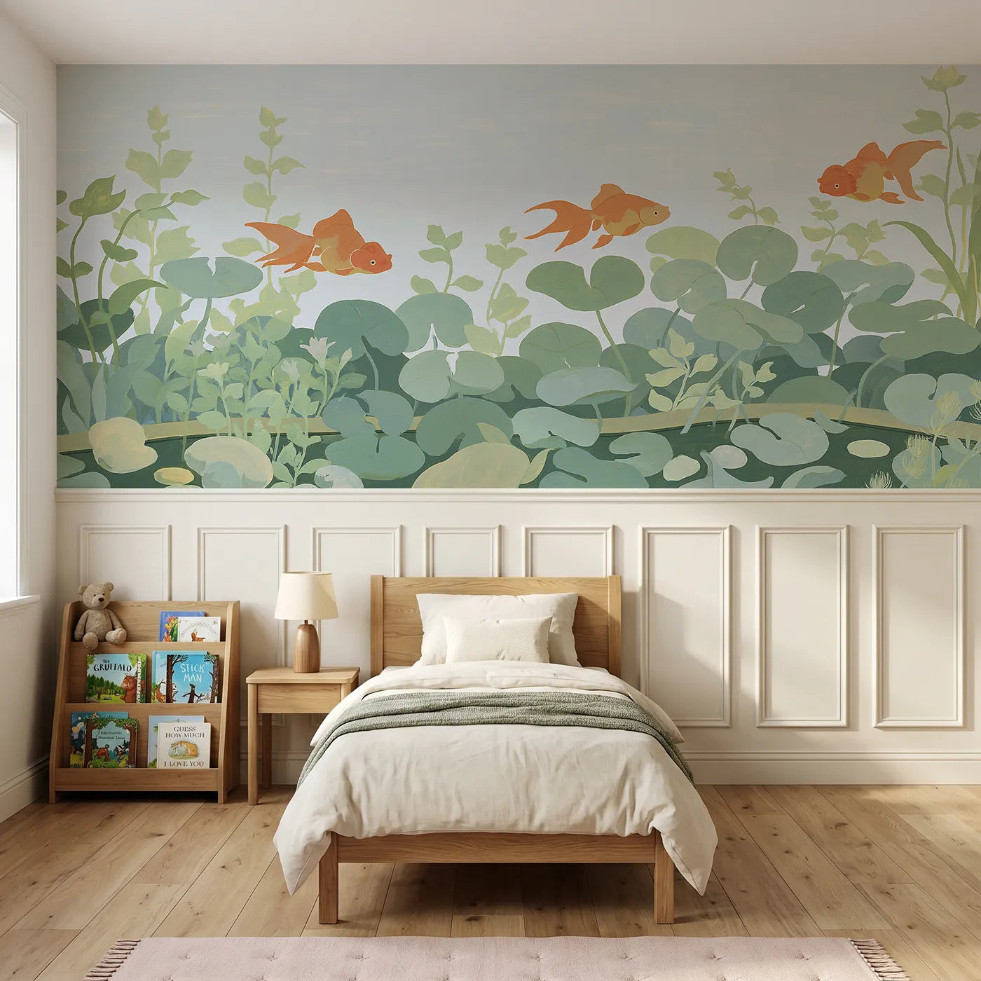 Modern illustration wainscoting wallpaper of three goldfish gliding a pond by Whimsy Tots