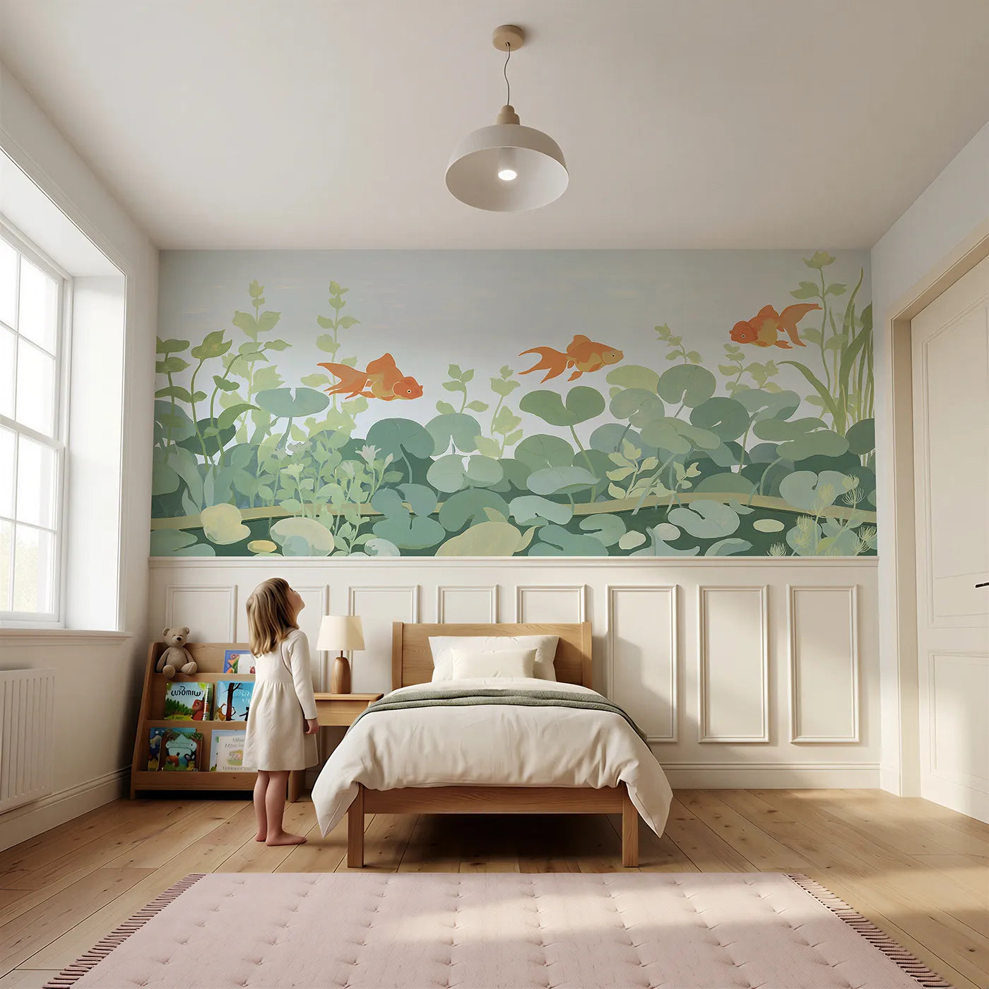 Child reading near Painted Goldfish Trio Glide Wainscoting Wallpaper by Whimsy Tots
