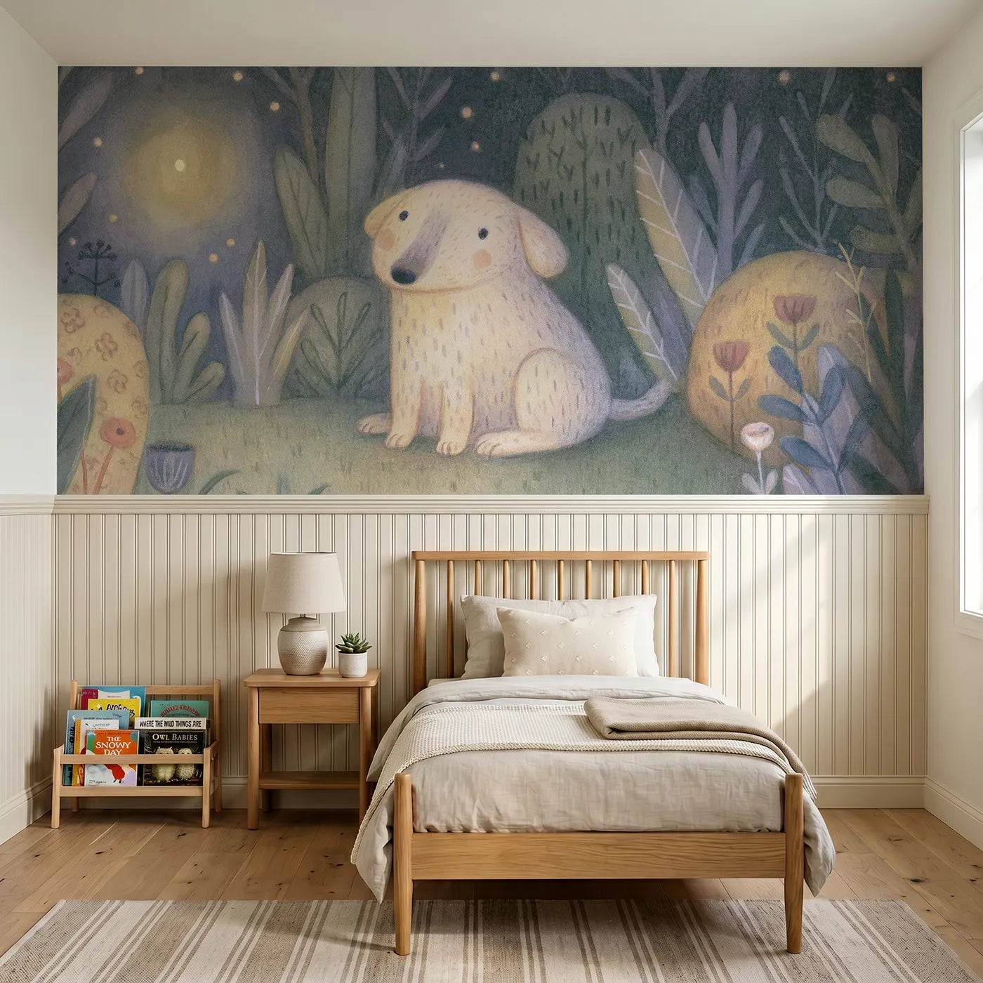Colored pencil wainscoting wallpaper of a puppy watching a firefly by Whimsy Tots