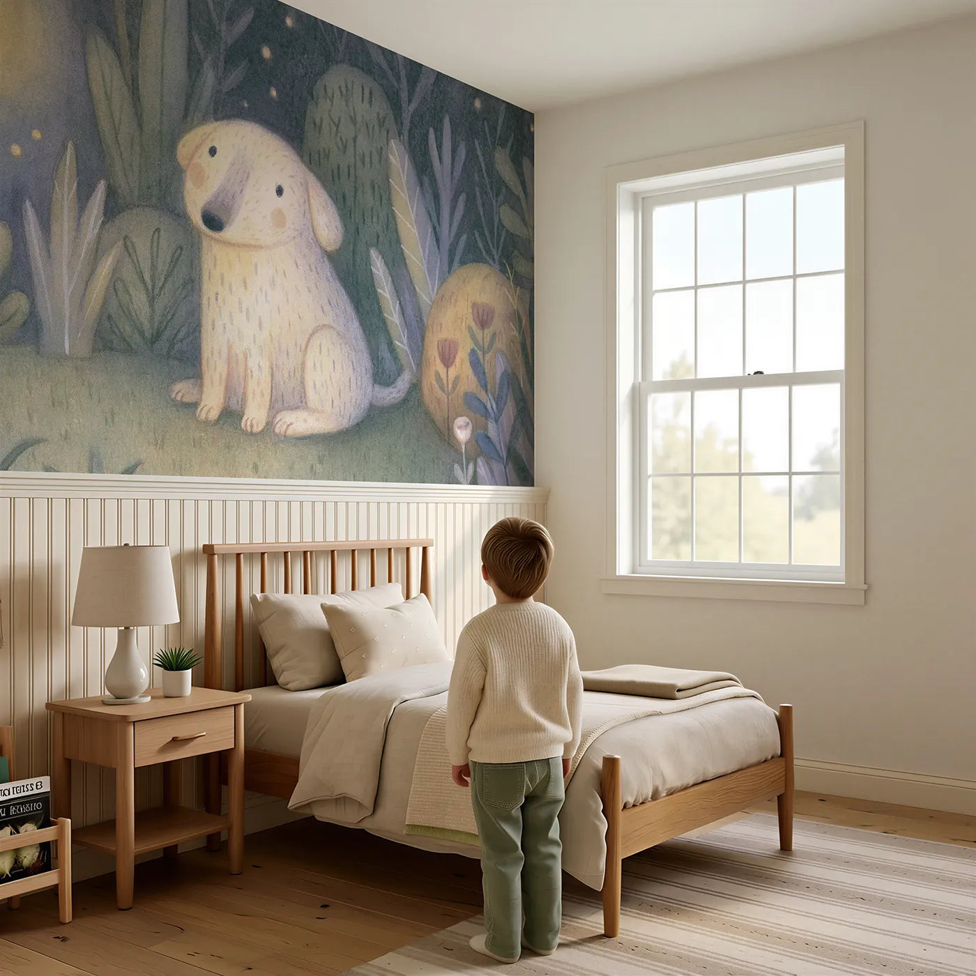 Child reading near Puppy First Firefly Wainscoting Wallpaper by Whimsy Tots