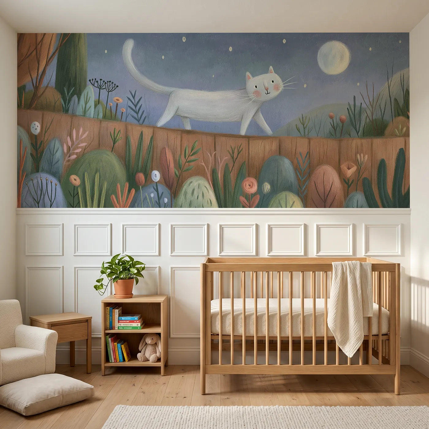 Colored pencil wainscoting mural of a cat walking a moonlit fence by Whimsy Tots