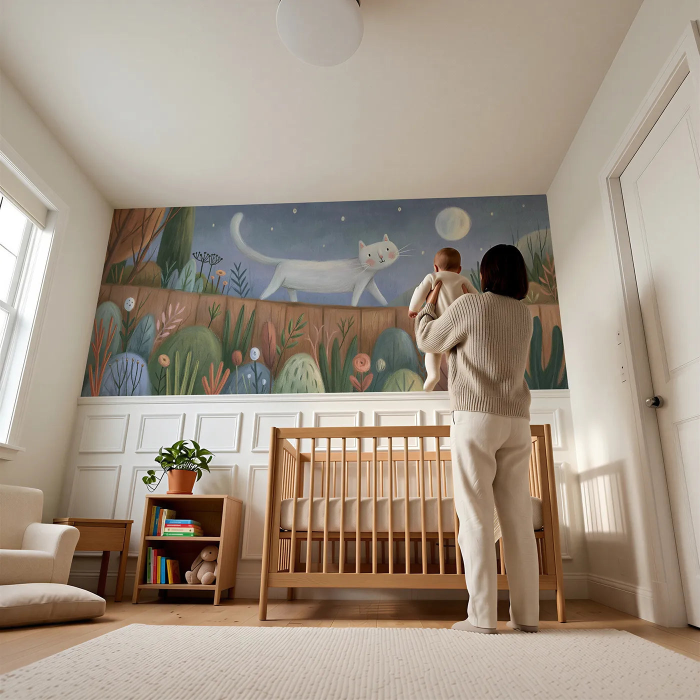 Child reading near Cat Moon Shadow Fence Wainscoting Wallpaper by Whimsy Tots
