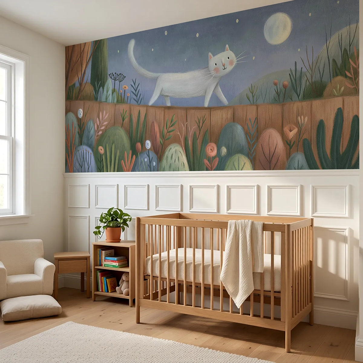 Cat Moon Shadow Fence Wainscoting Wallpaper styled in a kids room by Whimsy Tots