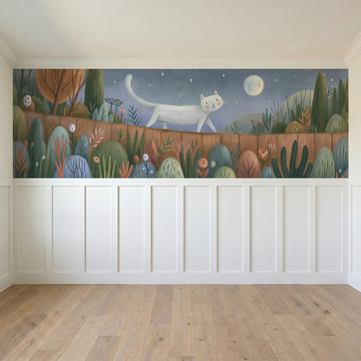 Full panel view of Cat Moon Shadow Fence Wainscoting Wallpaper by Whimsy Tots