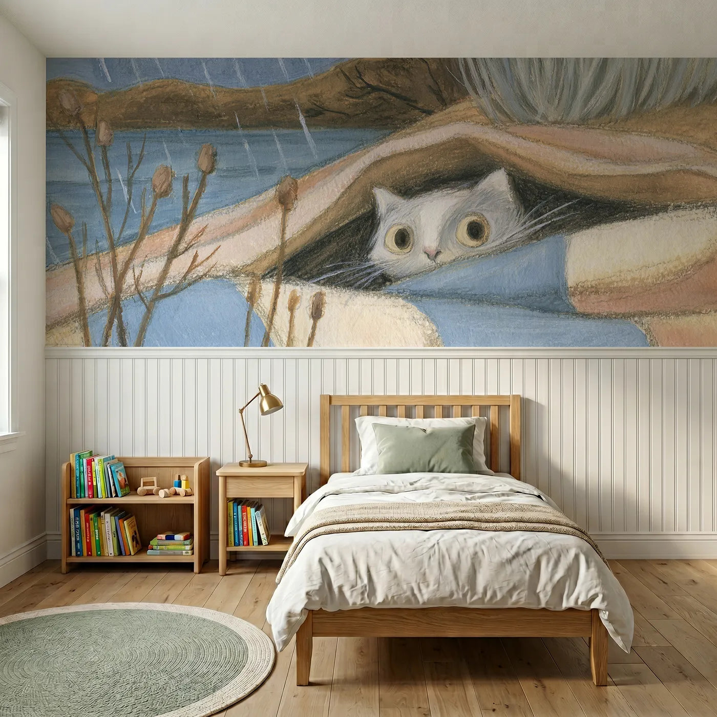 Colored pencil wainscoting wallpaper of a kitten in a blanket burrow by Whimsy Tots
