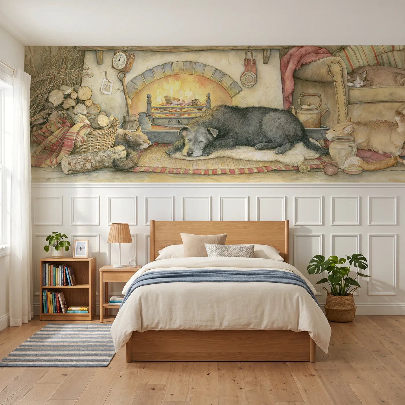 Storybook wainscoting wallpaper of an old dog asleep by the fire by Whimsy Tots