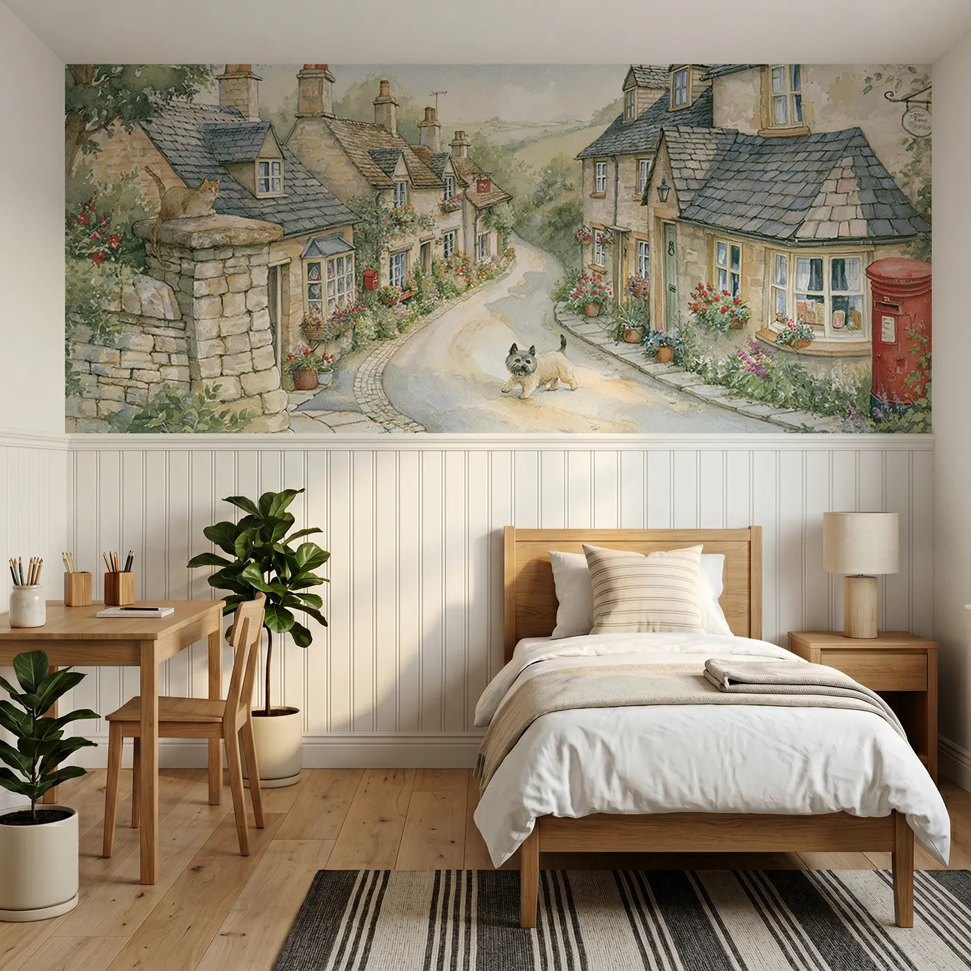 Storybook wainscoting wallpaper of a dog trotting a village lane by Whimsy Tots
