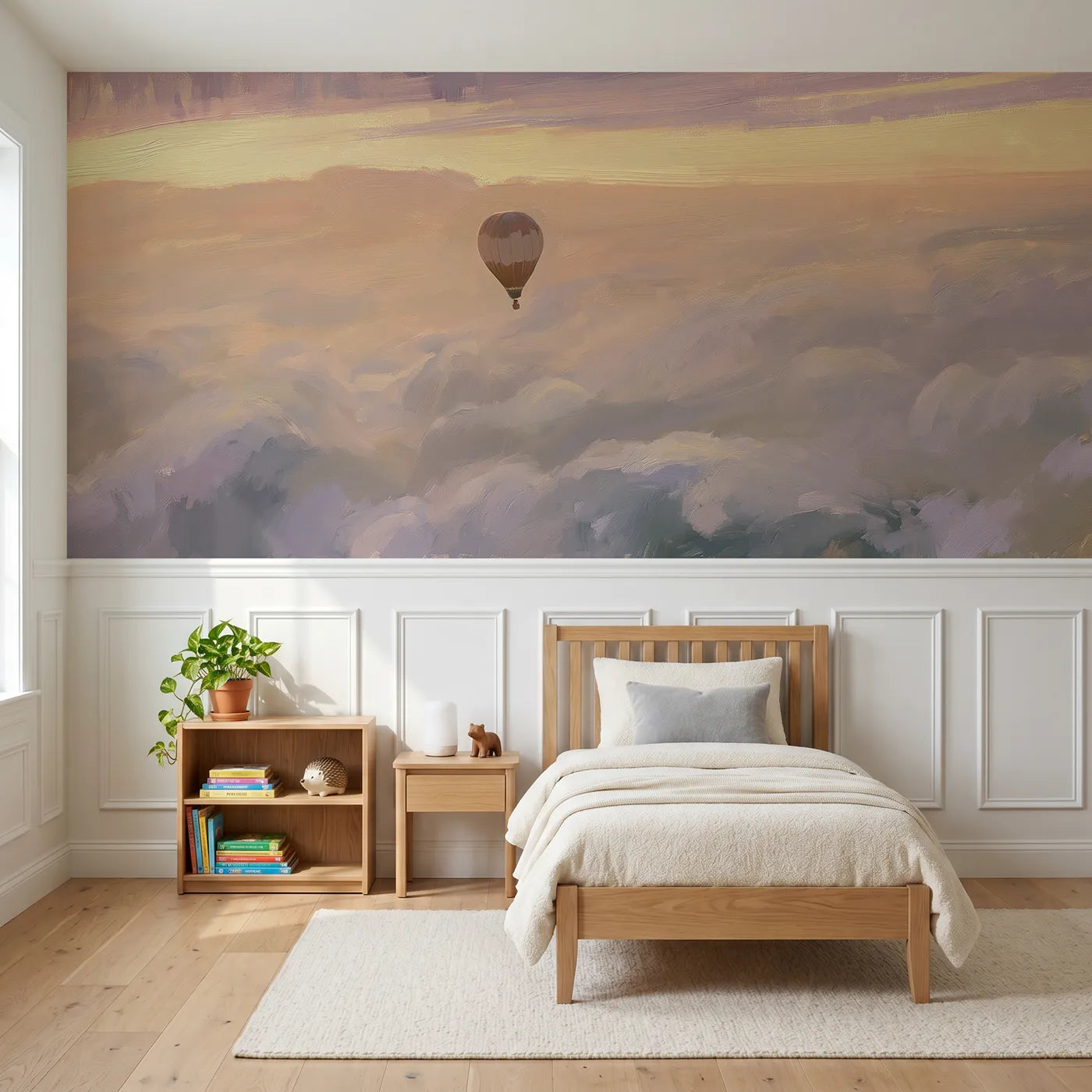 Watercolor wainscoting wallpaper of a balloon above dawn cloud tops by Whimsy Tots