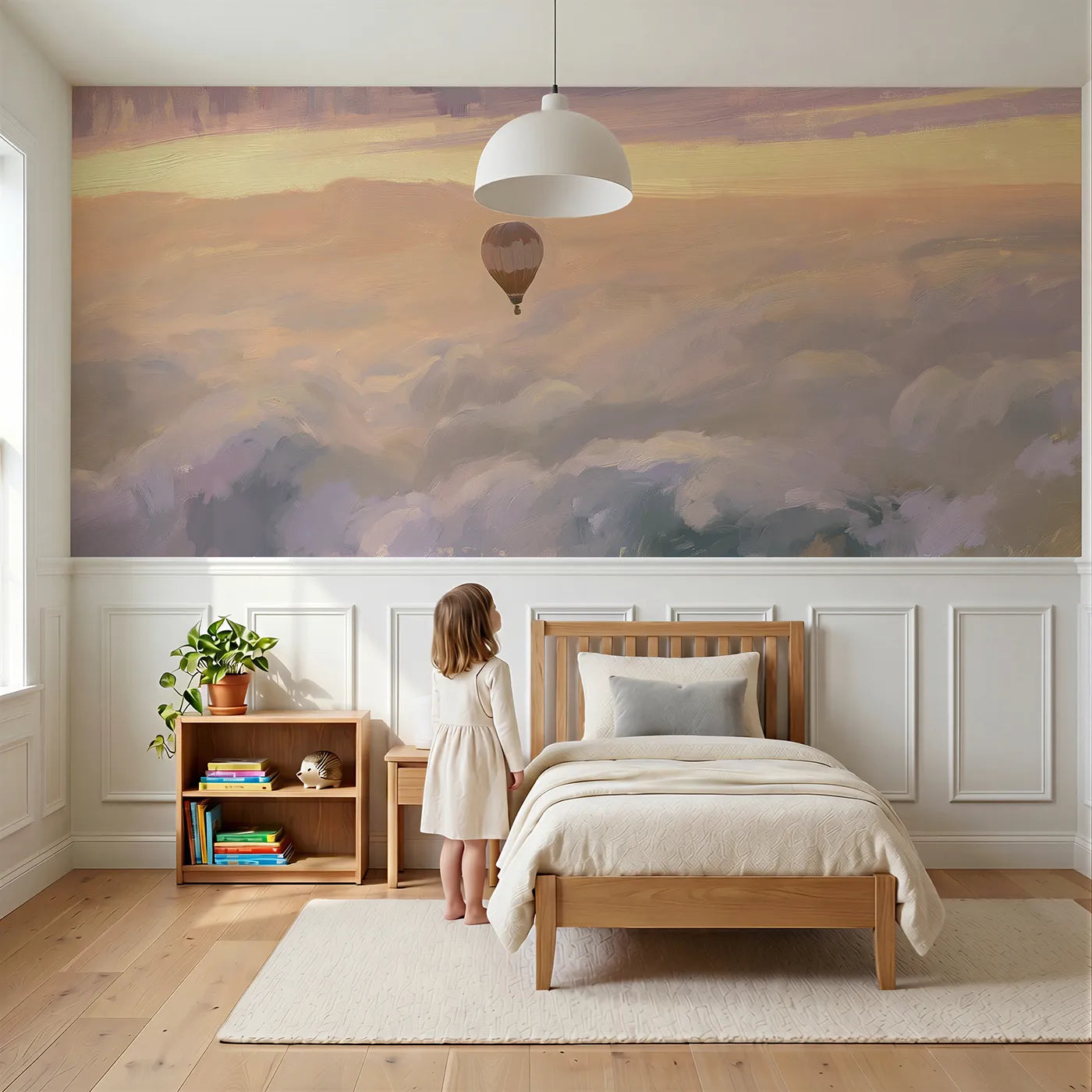 Child reading near Balloon Above Cloud Sea Wainscoting Wallpaper by Whimsy Tots