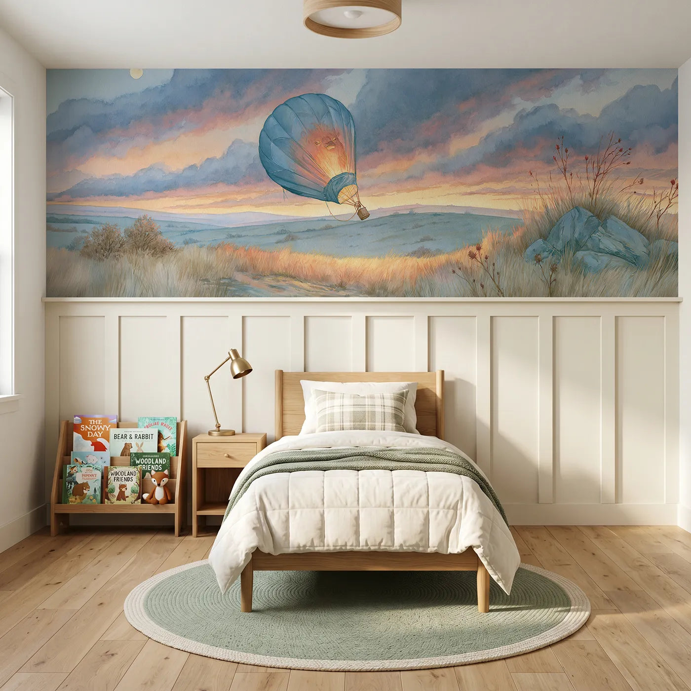 Storybook wainscoting wallpaper of a balloon waking on a launch meadow by Whimsy Tots