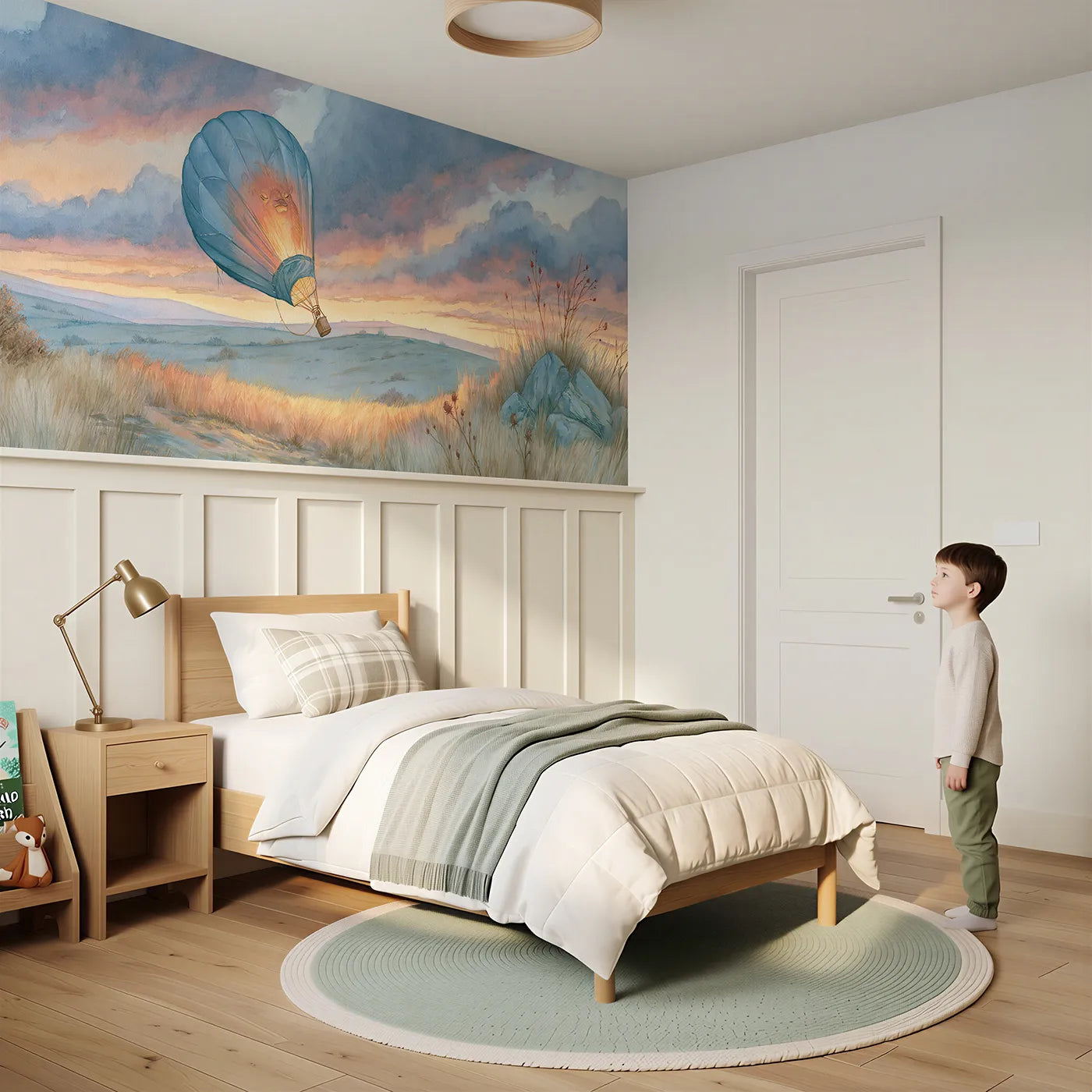 Child reading near Balloon Waking Dawn Meadow Wainscoting Wallpaper by Whimsy Tots