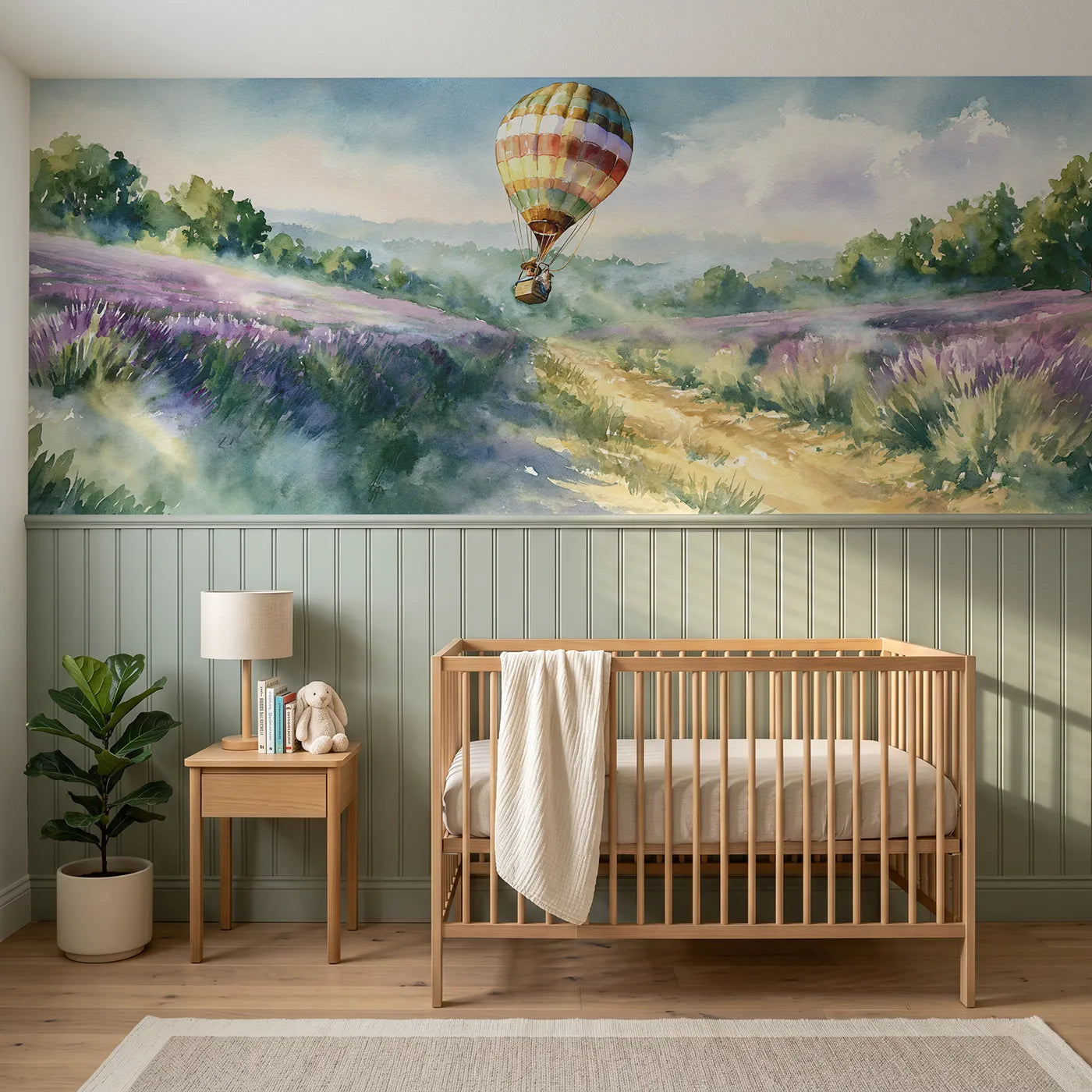 Watercolor wainscoting wallpaper of a balloon over lavender rows by Whimsy Tots