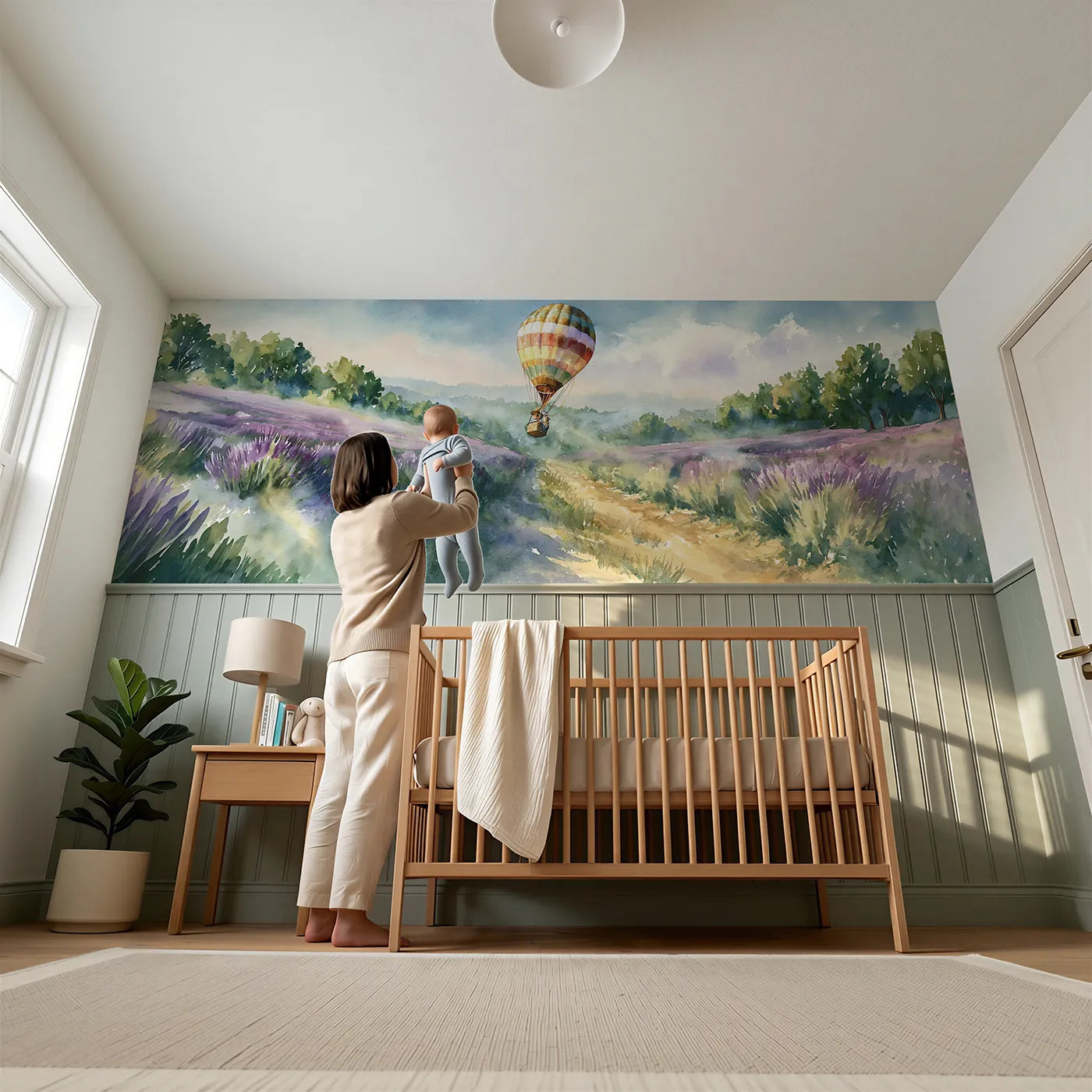 Child reading near Balloon Over Lavender Rows Wainscoting Wallpaper by Whimsy Tots