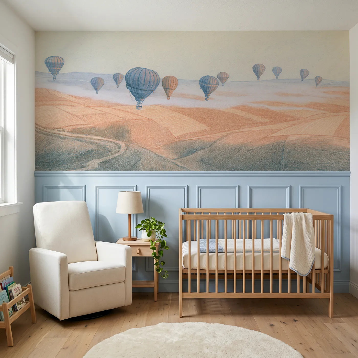 Colored pencil wainscoting wallpaper of balloons rising after rain by Whimsy Tots