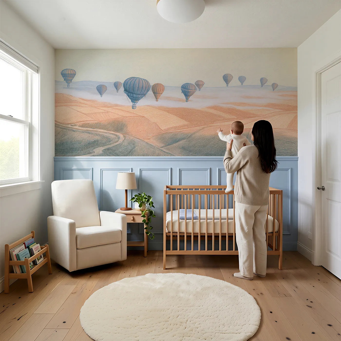 Child reading near Balloons After The Rain Wainscoting Wallpaper by Whimsy Tots