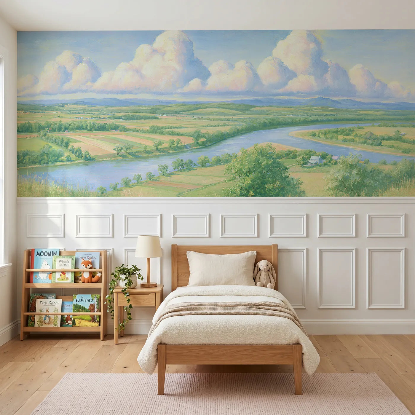 Colored pencil wainscoting mural of tall clouds over a green valley by Whimsy Tots