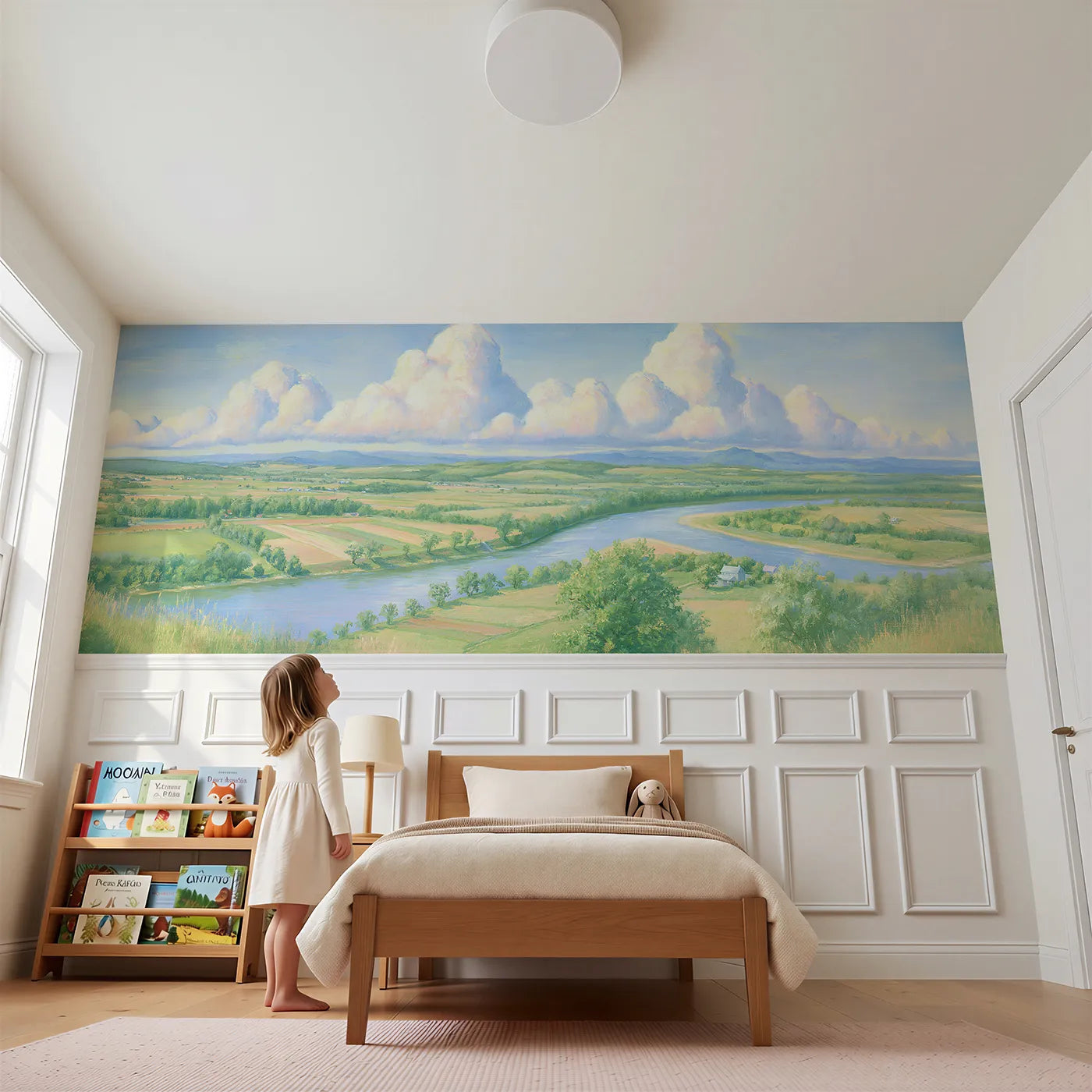 Child reading near Tall Quiet Clouds Dawn Wainscoting Wallpaper by Whimsy Tots