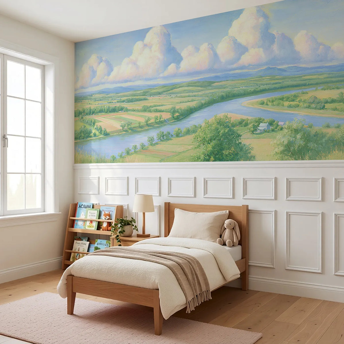 Tall Quiet Clouds Dawn Wainscoting Wallpaper styled in a kids room by Whimsy Tots