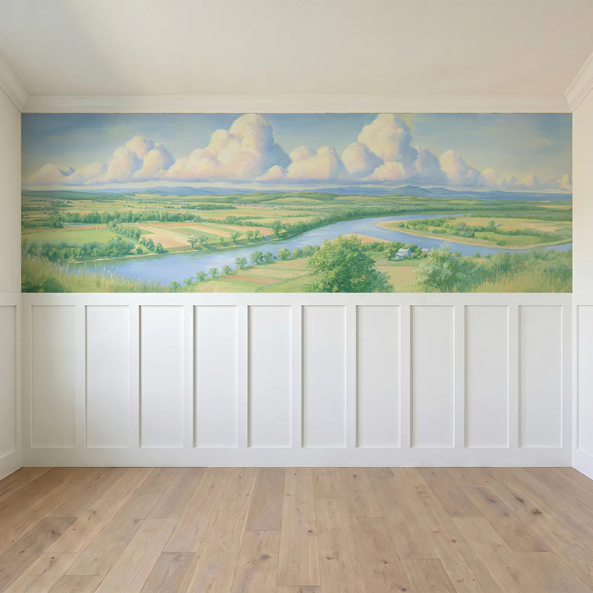 Full panel view of Tall Quiet Clouds Dawn Wainscoting Wallpaper by Whimsy Tots