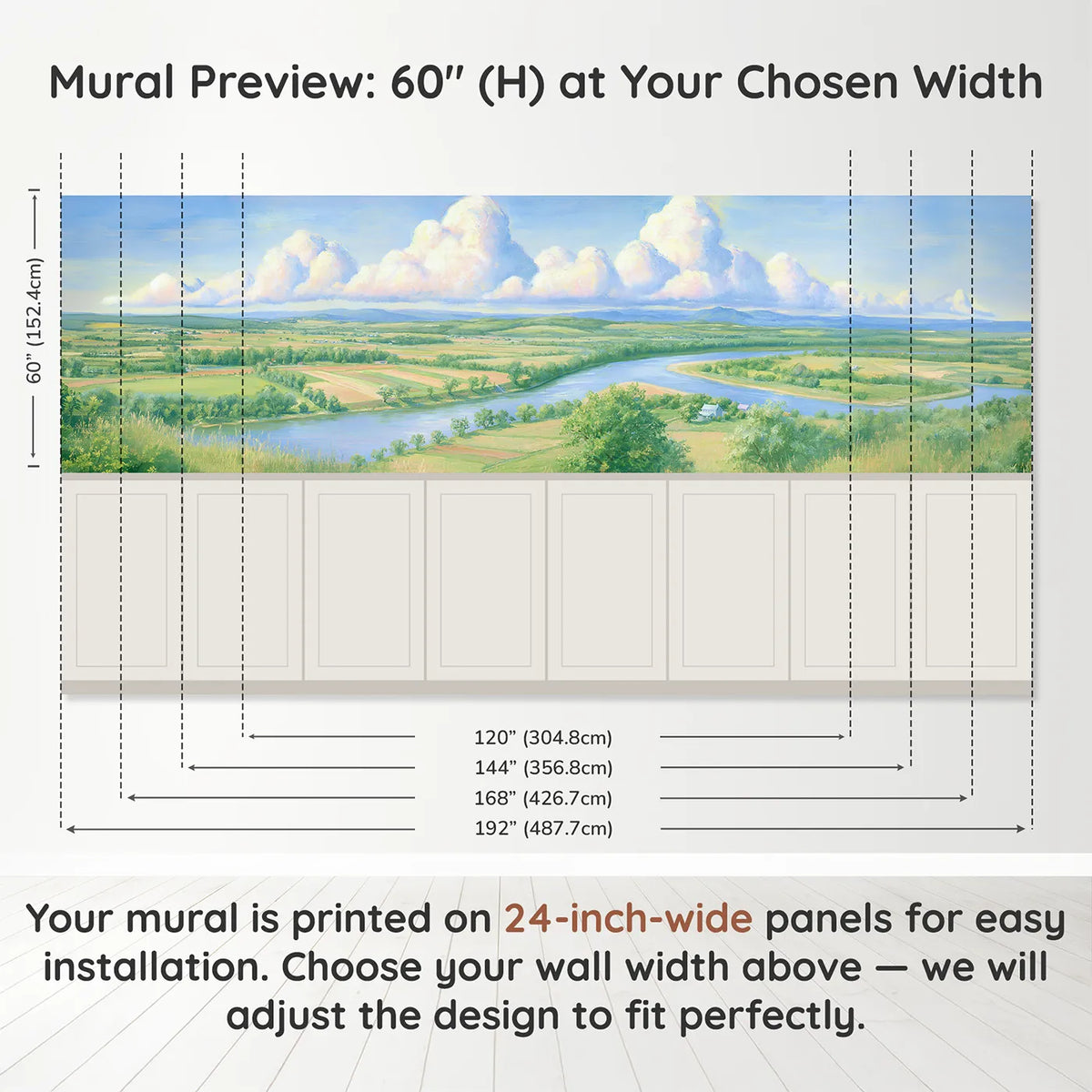 Panel dimensions for Tall Quiet Clouds Dawn Wainscoting Wallpaper by Whimsy Tots