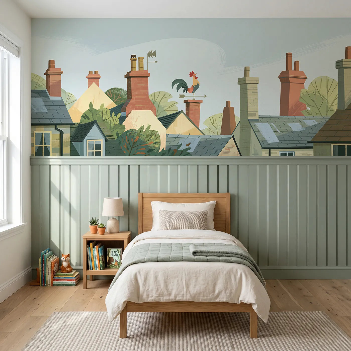 Modern illustration wainscoting wallpaper of a rooster weather vane by Whimsy Tots