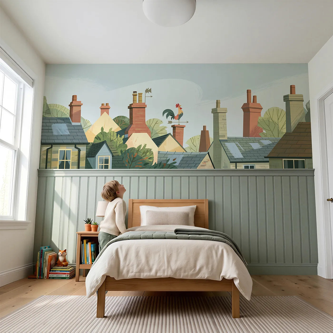 Child reading near Weather Vane Fresh Breeze Wainscoting Wallpaper by Whimsy Tots