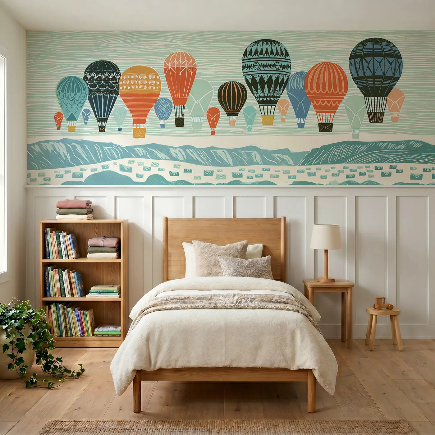 Block print wainscoting wallpaper of carved balloons drifting across by Whimsy Tots