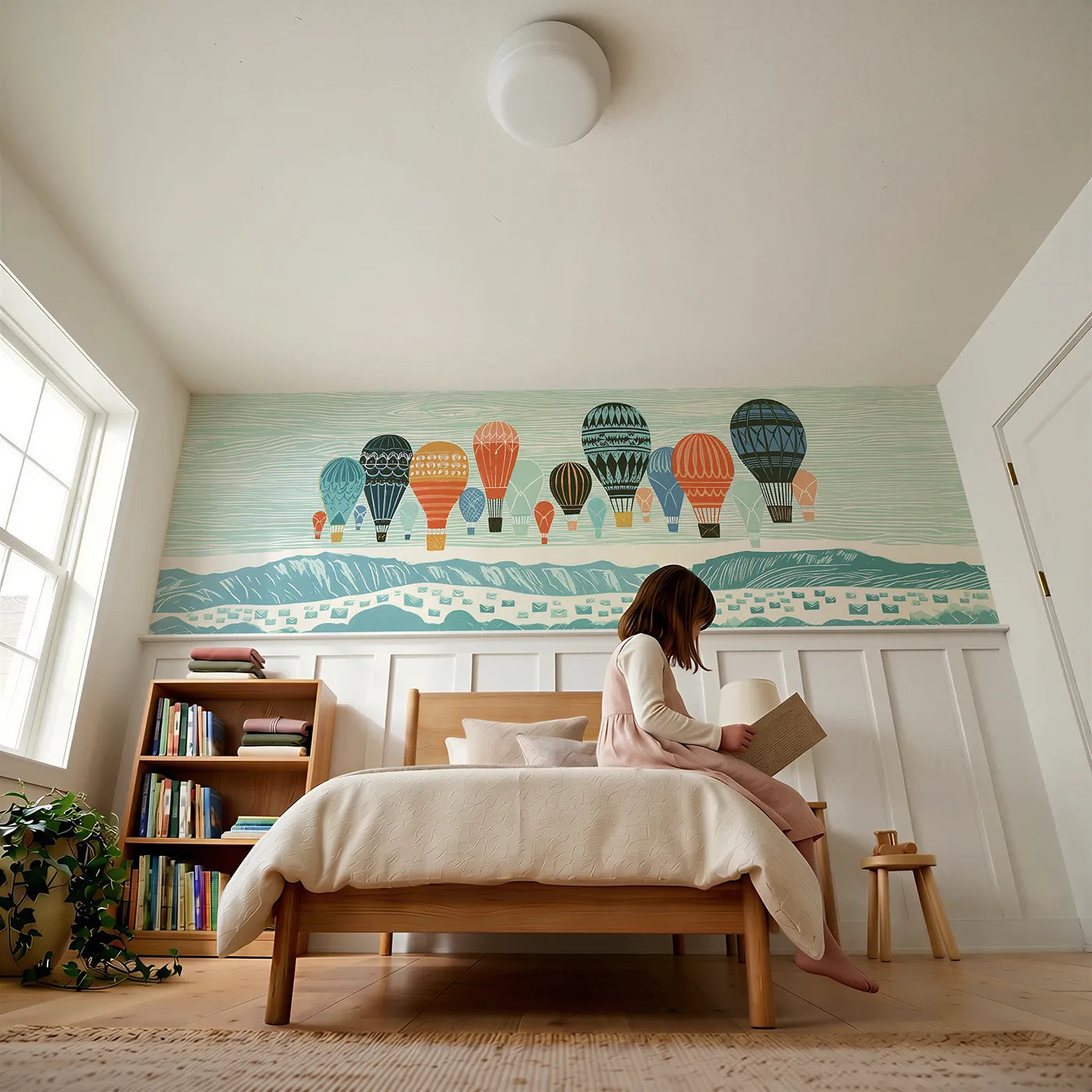 Child reading near Carved Balloons Drift Across Wainscoting Wallpaper by Whimsy Tots